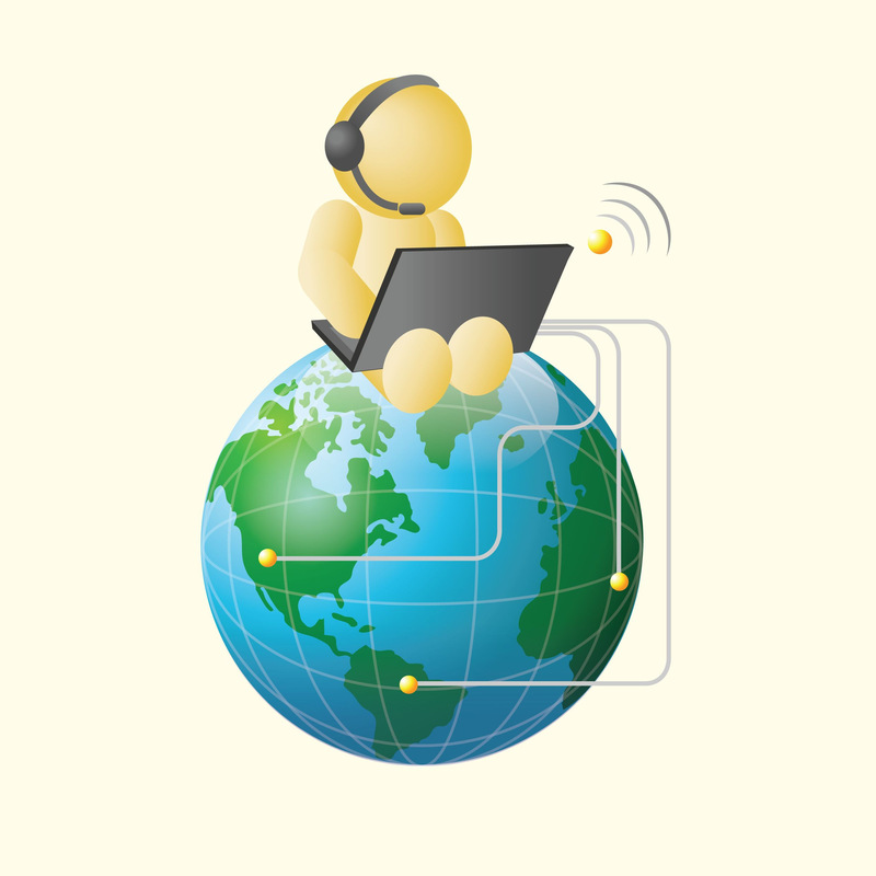 Global communication concept with a man holding a laptop sitting on a globe.