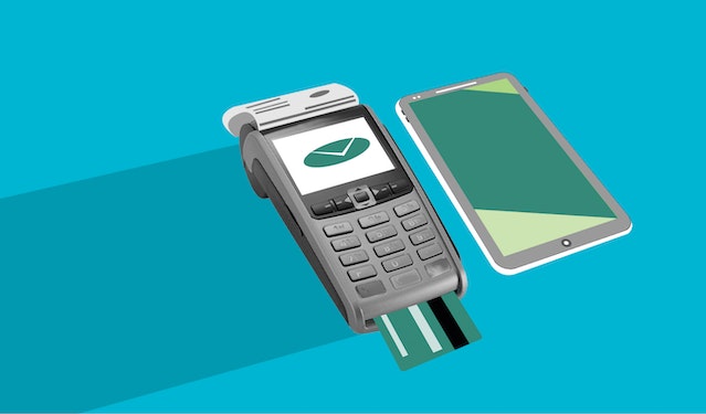 A cutout paper illustration of a payment terminal with a check and smartphone.