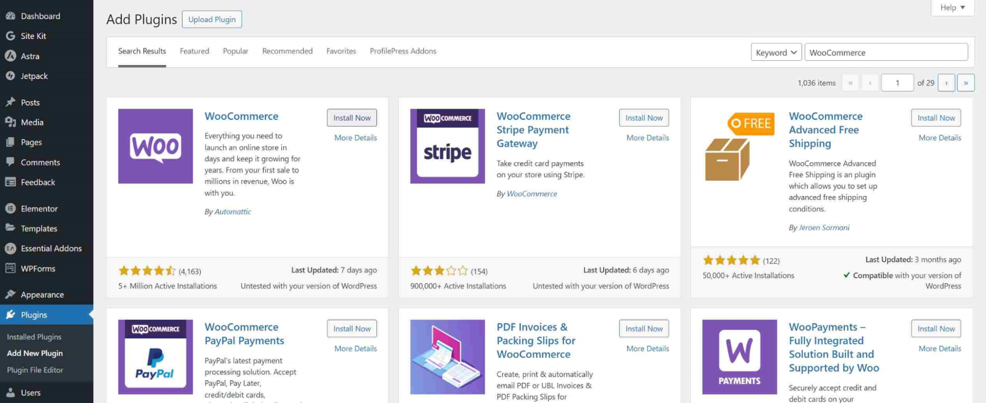 Screenshot of the WooCommerce plugin on the Add Plugins page on the WordPress dashboard