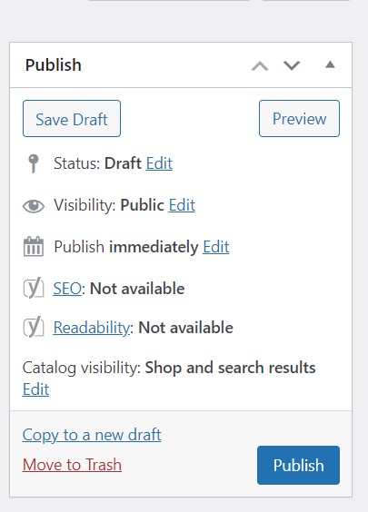 Screenshot of how to save a draft, preview, or publish a page, post, or product on WordPress