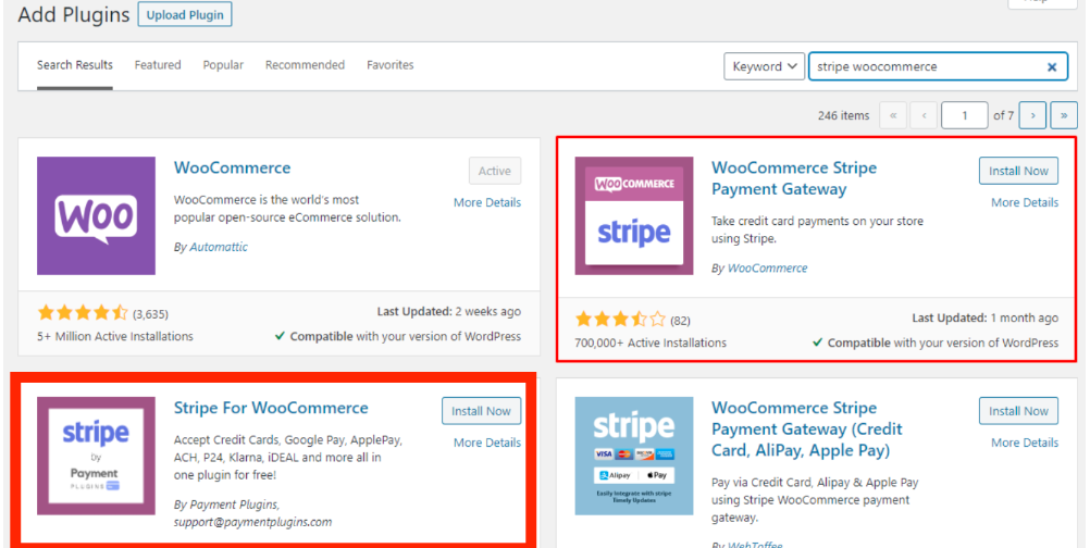 Stripe WordPress plugin by Payment Plugins highlighted on search page
