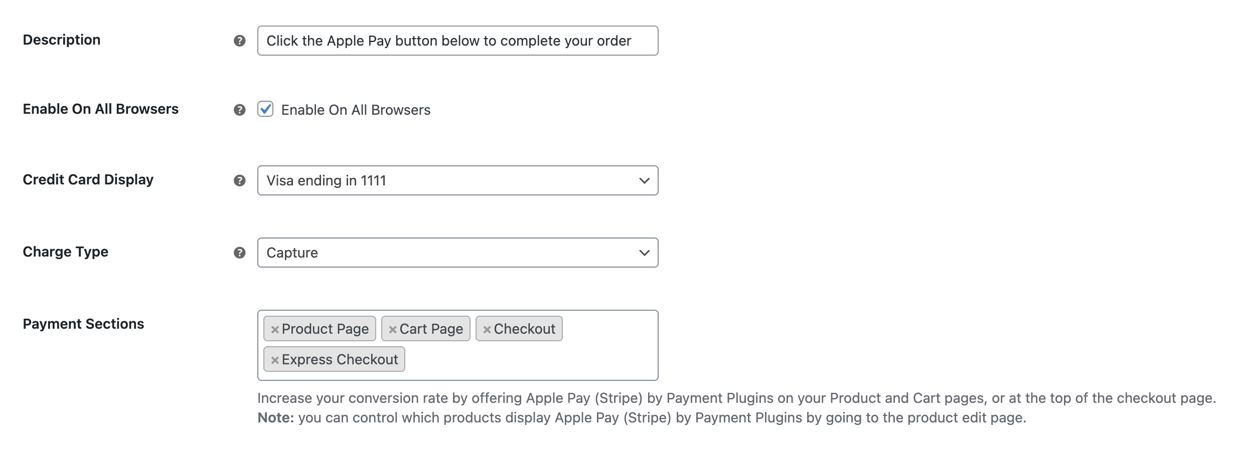 Apple Pay admin settings showing the Payment Sections control