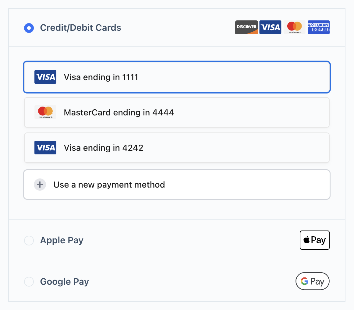 Expanded saved payment method list showing multiple cards as individual rows
